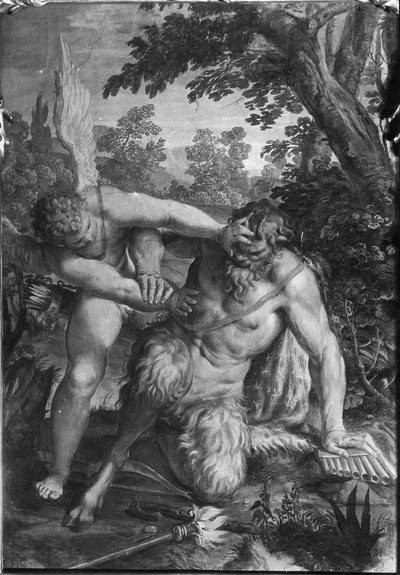 Cupido en Pan Amor omina vincit door Agostino Carracci